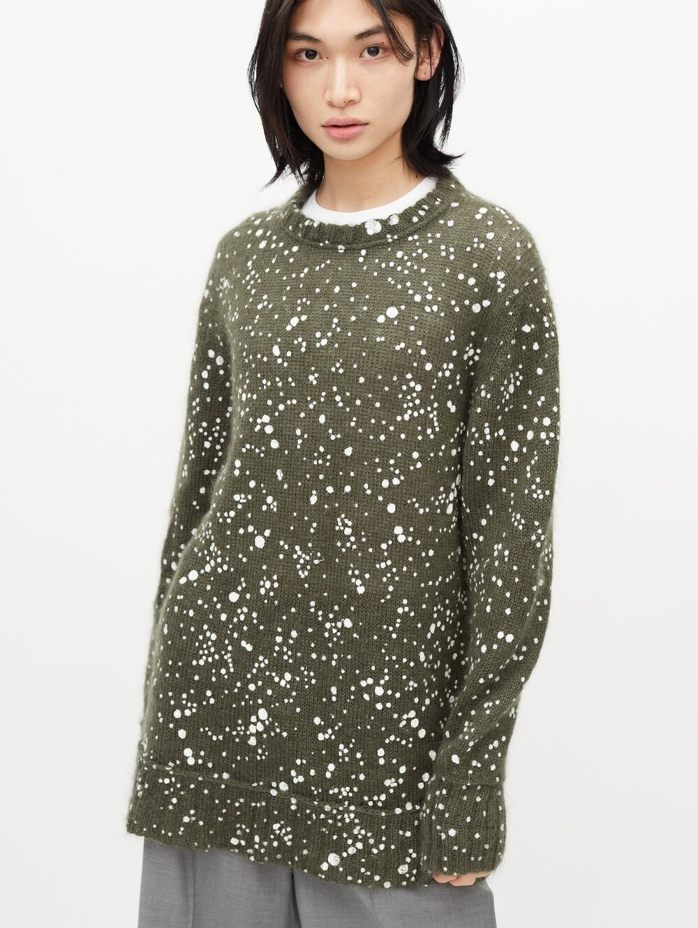 Fendi Mohair Silk Sweater Mockneck Crewneck - Army Green & White - Small